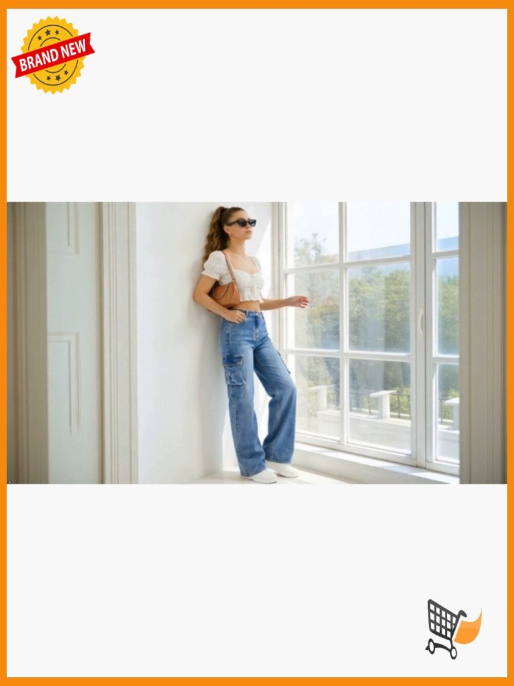 High Waist Baggy Cargo Jeans Y2K Wide Leg Denim Pants Flap Pocket Streetwear - Picture 7 of 7